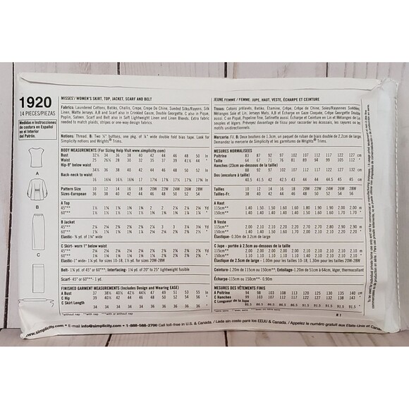 Misses Women Skirt, Top, Jacket, Scarf and Belt Sewing Pattern Simplicity 1920 - Picture 3 of 5